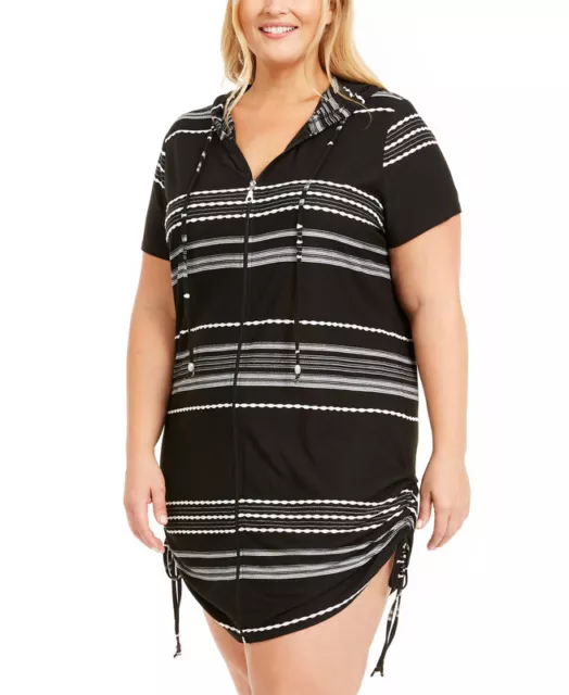 Dotti Women's Plus Size Dahlia Stripe Zip Hoodie Cover-Up (Black/White, 2X)