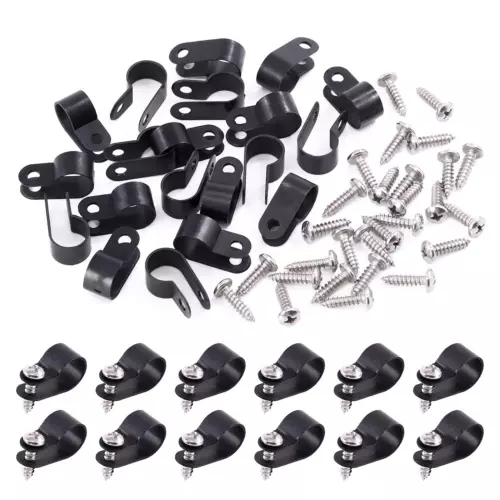 120 Pack Black 1/2 Inch Nylon Plastic R-Type Cable Clips Clamp Kit, Nylon Screw