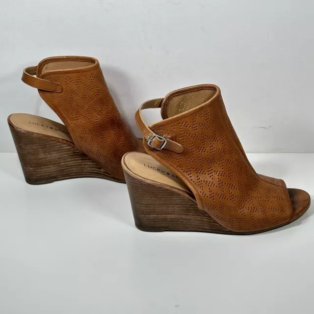 Lucky Brand Sandals Womens 8.5? Risza Brown Suede Wedge Ankle Peep Toe Slingback 3