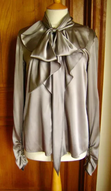 Stunning Grey Silk Satin BOSS HUGO BOSS Pussy-Bow Blouse - UK 8 - VGC