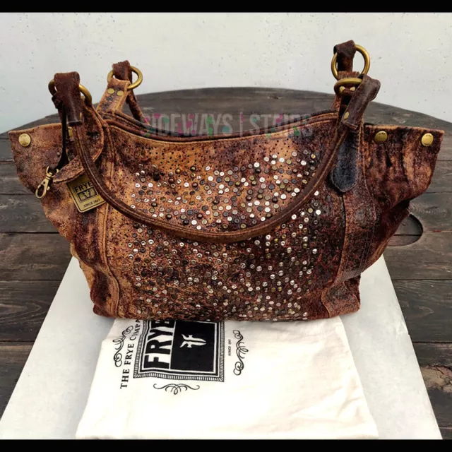 FRYE DEBORAH LEATHER HIDE HANGBAG brown studded trashed satchel distressed EUC