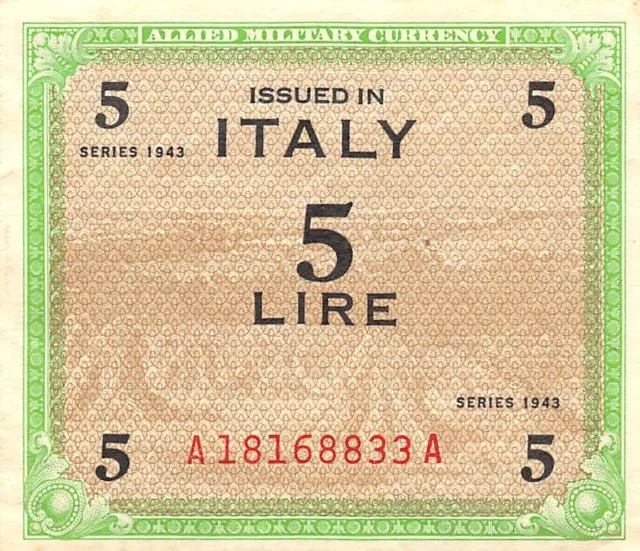 Italy  5  Lire  Series of 1943  Block  A-A  WW II  Circulated Banknote WW