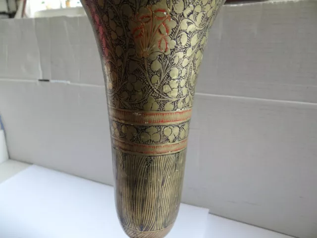 Vintage Decorative Brass Trumpet Vase Etched With Deep Red & Black Enamel 3