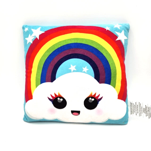 Almohada de felpa brillante lana suave arco iris y nubes para niños 13 x 13 pulgadas Aqua
