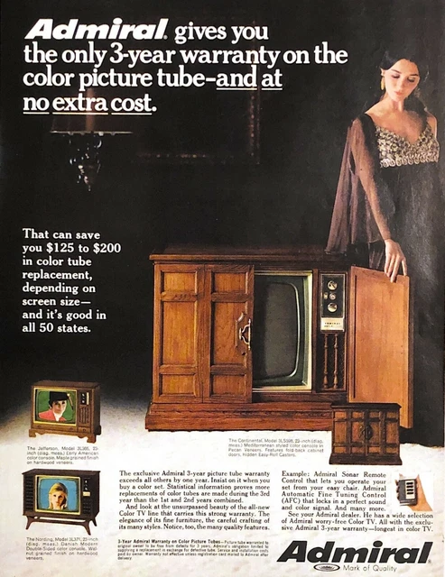 1968 Admiral Television Vintage Print Ad Color Tube TV 3 Year Warranty