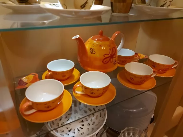 Teeservice Porzellan Cha Cult Orange Mit Blumendekor Handbemalt Teekanne Tassen