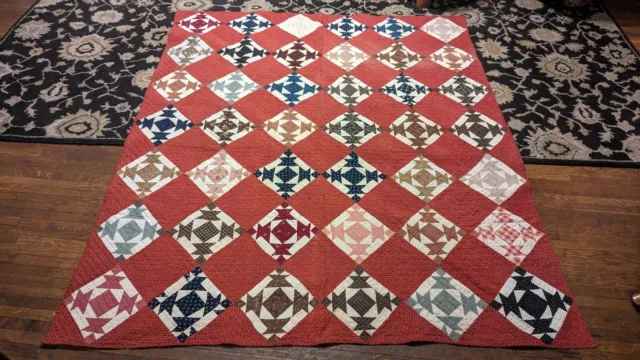 Best Antique Early Hand Stitched Red Calico Textile Square Basket Quilt 77"