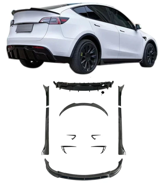 Per Tesla Model Y Kit Bodykit Diffusore Labbra Anteriore Gonna Laterale Lucida Nera 21+