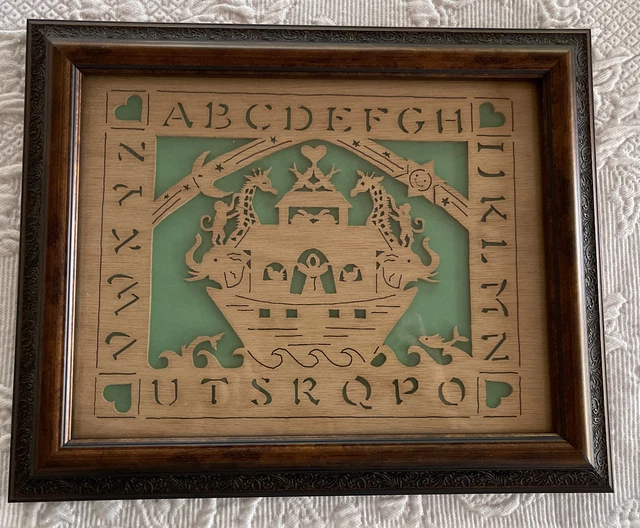 Noah’s Ark Alphabet Cut Out Wood Framed Bible Children Nursery Approx 13.5"x11"