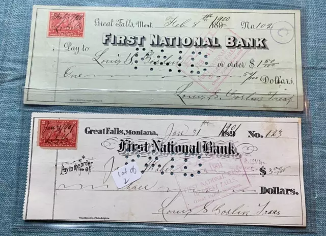 #CHK307,TWO 1st National Bank Great Falls,Montana Checks 1900-1 w Revenues