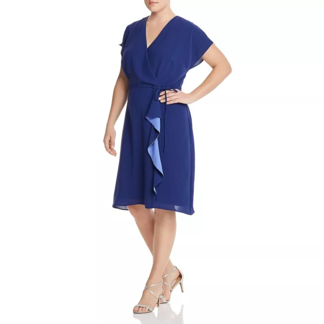Adrianna Papell Womens A-Line Dress Faux-Wrap V-Neck Ruffle Short Sleeve Blue 14