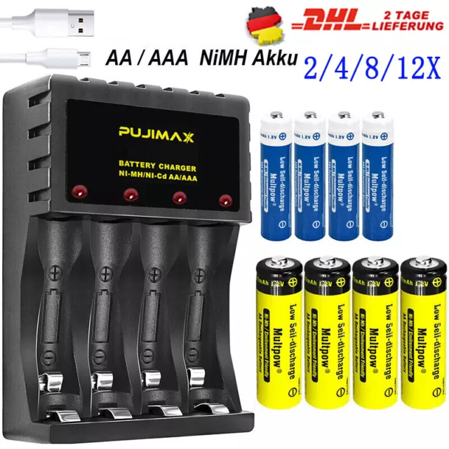 4 Slot Batterie Ladegerät mit 4-12x AA/AAA Akkus NiMH Batterieladegerät USB