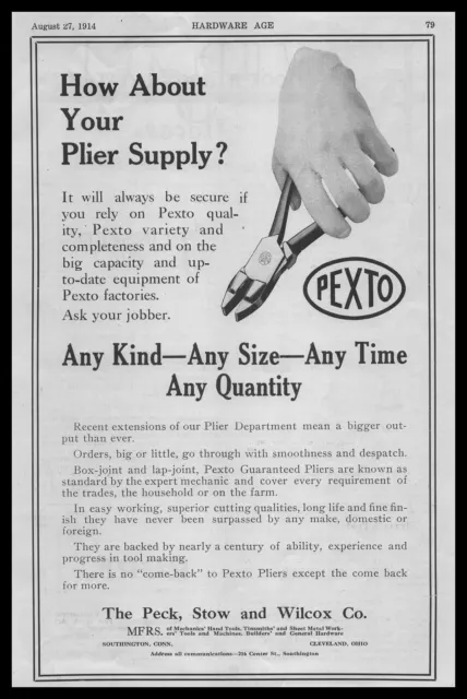 1914 Peck Stow And Wilcox Co. Cleveland Ohio Pexto Box Lap Joint Pliers Print Ad