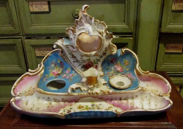 Antiguo Grande Tintero Plumier S.XIX Reloj Porcelana de Paris Pintada