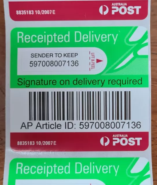 25-1000 Australia Post Receipted Delivery Signature On Delivery Tracking Labels