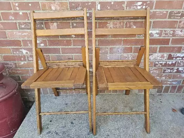 Vintage Wooden Slat Seat Folding Chairs Solid Oak Set Of 2  #6 THE STANDARD MFG