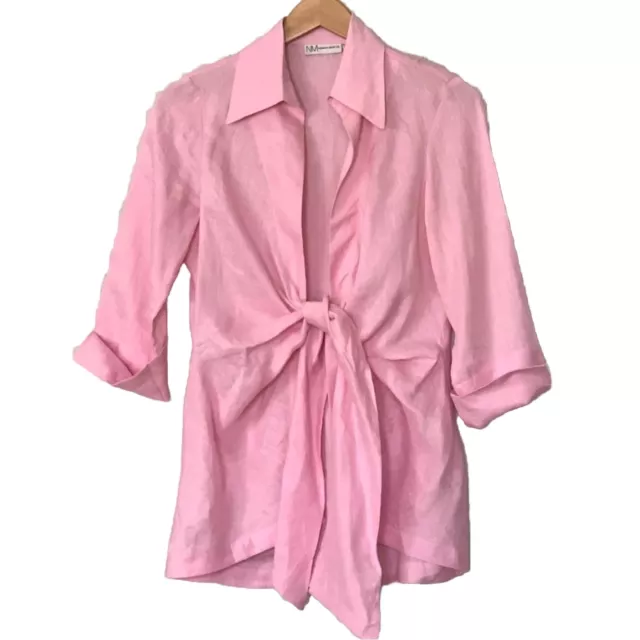 Neiman Marcus 100% Linen Collar Tie Blouse Top Women Size XS 3/4 Sleeve Pink