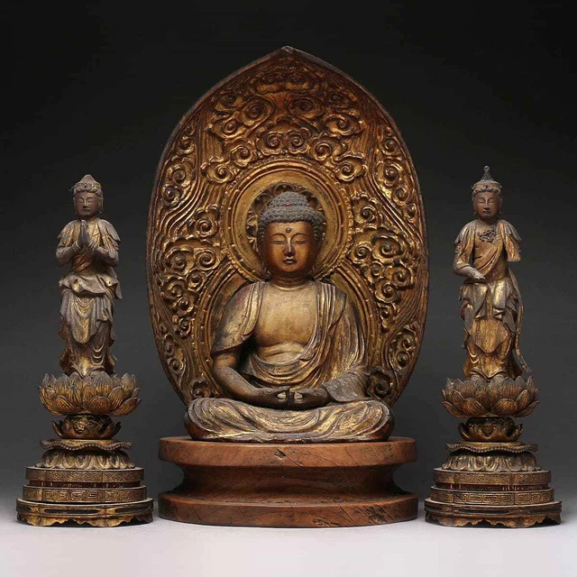 JAPANESE ANTIQUE AMIDA Sanzon Triad Buddha Statues Possibly 16th C £