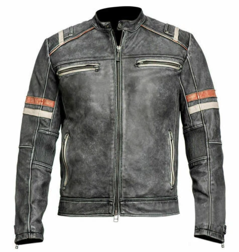 Men's Distressed Vintage Retro 2 Cafe Racer Style Genuine Leather Biker Jacket