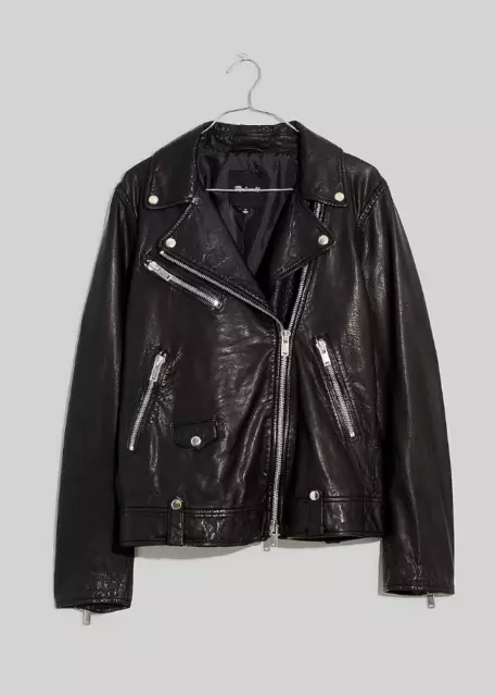 Madewell $548 Washed Leather Oversized Motorcycle Jacket Black Size L NC052 NWT