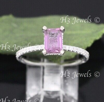 14k  white gold Natural Diamond & Emerald Cut Pink Sapphire Ring 1.30 ct