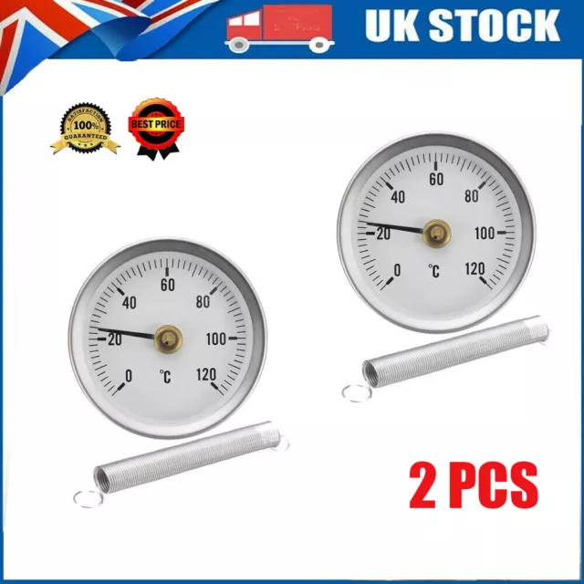 Pipe Clip-On Dial Thermometer Temperature Bimetal Temp Gauge & Spring 63mm 120℃