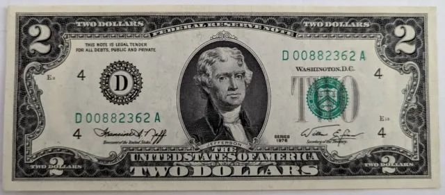 US Currency $2 Dollar Bill/Note 1976 - Crisp - Low Serial Number "00..."