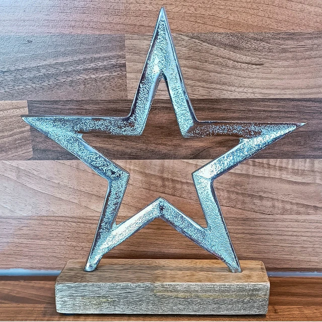 Decoración de Navidad 20x15 CM Mango Madera Estrella Metal Placa Plata