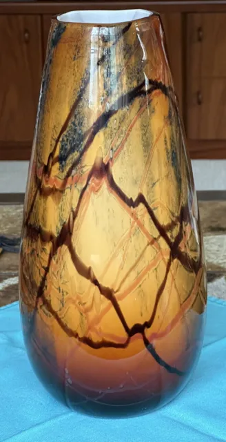 Pier One 1 Art Glass Hand Blown Amber Large   Glass Vase 13”, NWT