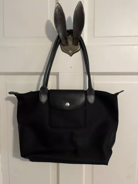 Longchamp Le Pliage “Small” Black Nylon Leather Tote Hand Bag