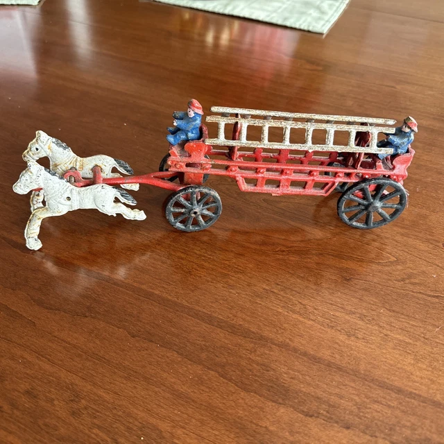 VINTAGE TOY CAST Iron Horse Drawn Fire Truck Wagon with ladders