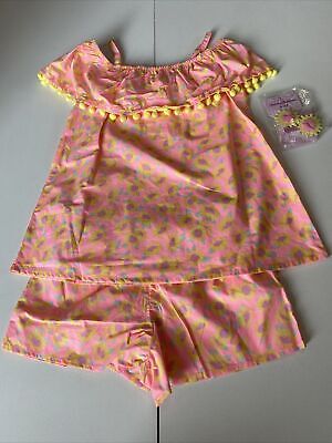 Tommy Bahama Girls Sz 7-8 Medium Pink Yellow Floral 3 Pc Shorts Set w Clips
