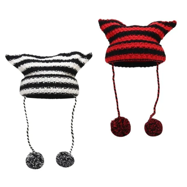 Warm Striped Knit Cute Devil Horns Winter Cap Headwear for Women Girls