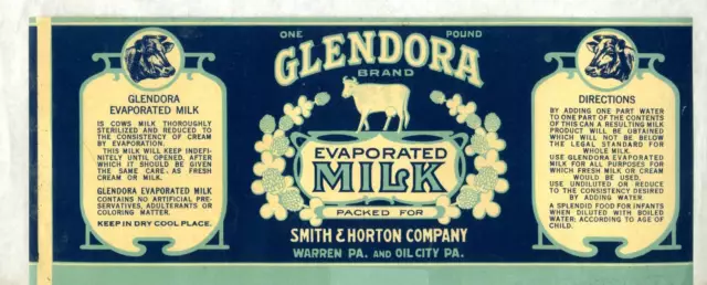 Ca 1910 Glendora Brand Milk Can Label Smith & Horton Co Penn