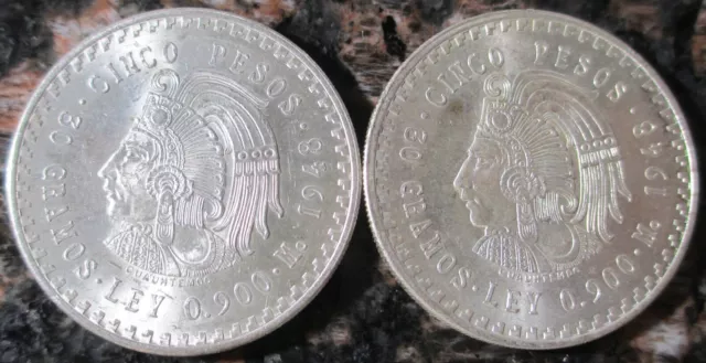 TWO  1948 Cinco Pesos .900 Silver Cuauhtemoc Aztec Warrior Mexican Coin-BU