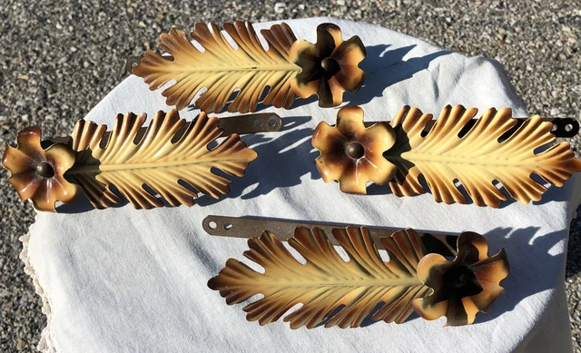 Antique Art Deco Brown Enameled Flower Metal Curtain Drapery Tie Back Hook Set/4