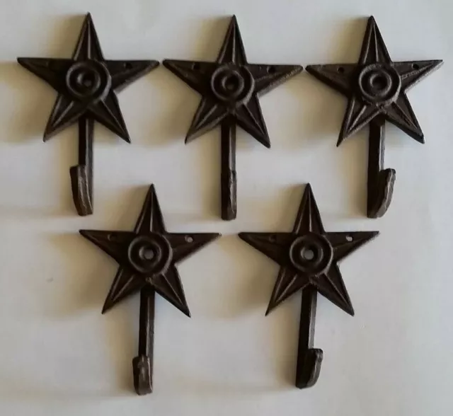 5 SMALL 6" BROWN STAR WALL HOOKS ANTIQUE-STYLE CAST IRON western rustic hat coat