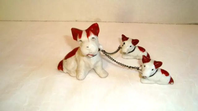 Cute Vintage Terrier Dog W/ Puppies On Chains Leash Japan Ceramic Figurines