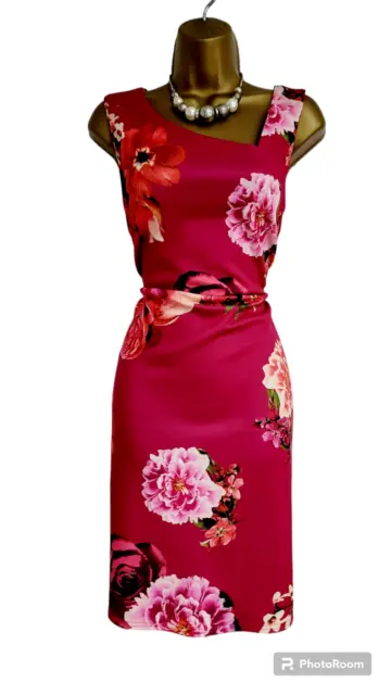 QUIZ size 14 Cerise pink stretch floral occasion bodycon dress Wedding Races VGC