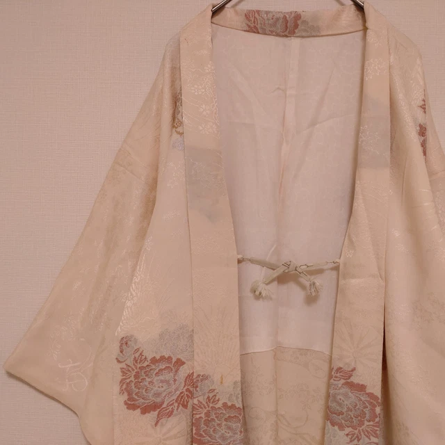 Woman Japanese Kimono Haori Jacket Silk LightPink Flower Cart Peony