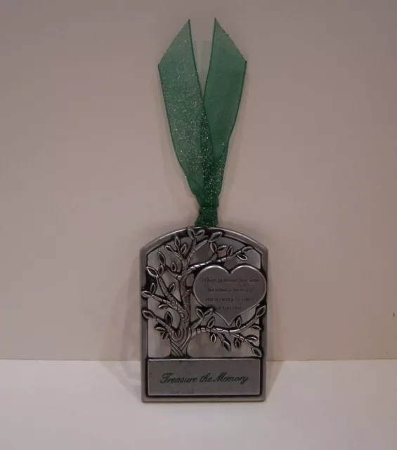 Gloria Duchin Pewter"Treasure the Memory" Tree Ornament w/ Green Glitter Ribbon