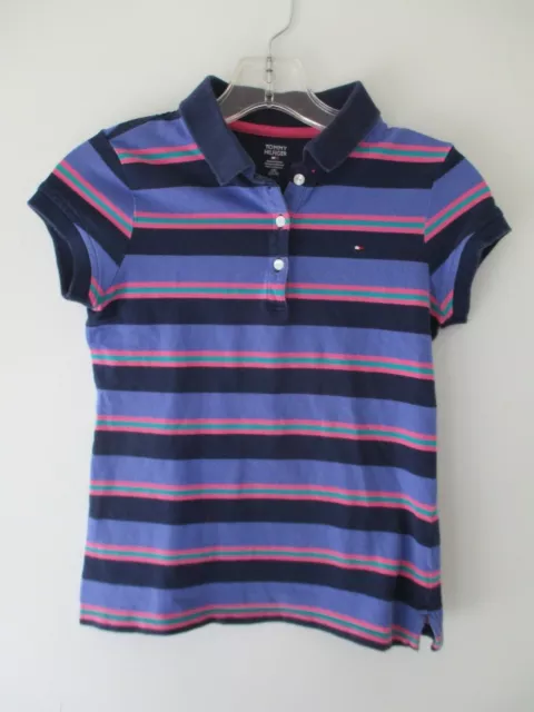 Tommy Hilfiger Girl's Size Large Purple Striped Short Sleeve Polo Shirt Top