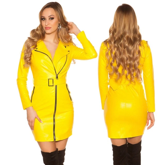 Abito donna elasticizzato similpelle vestito aderente ecopelle zip sexy nuovo #
