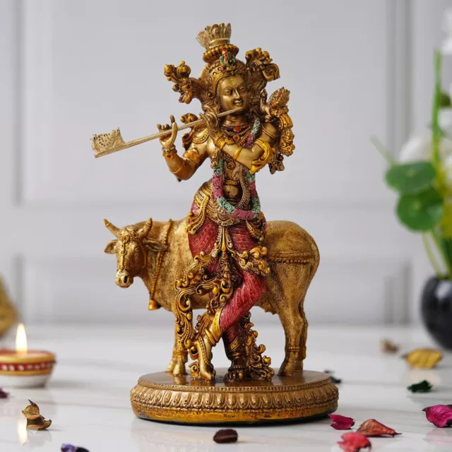 Lord Krishna Standing with Cow and Playing Flute Statue Idol Murti