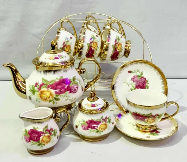 Royal Vintage Bone China 17pc Tea Set Cups,Saucers,Tea Pot,Sugar Pot,Creamer,Sta