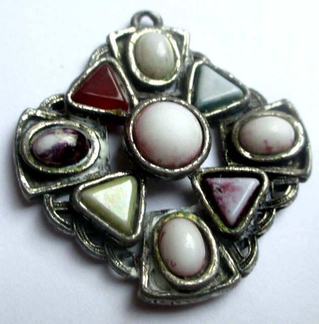 Pendentif Croix Celtique Argenté Avec Pierres Naturelles - Bijou Vintage Rare N°2812 - Occasion