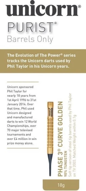 UNICORN PHASE 3 Purist Gold Phil Taylor 18g 90% Tungsten Sofg Tip