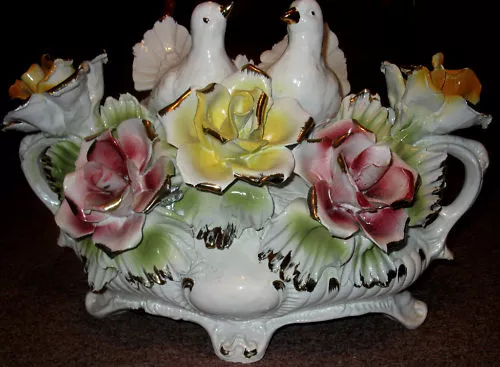 Old Porcelain Capodimonte Doves&Roses Table Centerpiece