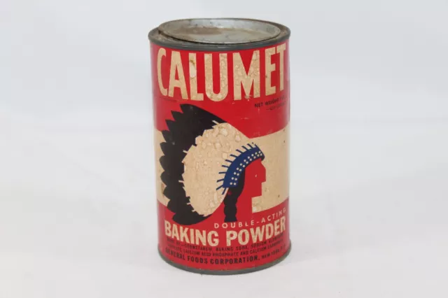 Vintage Calumet Baking Powder Tin Can 1 Pound Indian Chief Paper Label USA