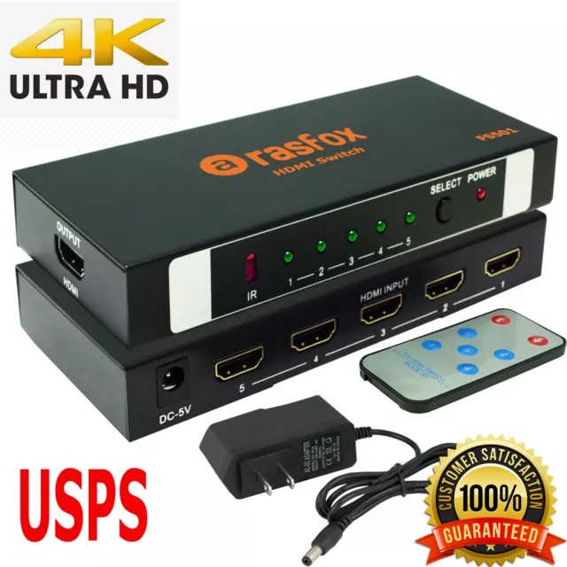 Rasfox 5-Port HDMI Switch 5x1 Switcher Selector Splitter 4K UHD 1080P 3D+Remote